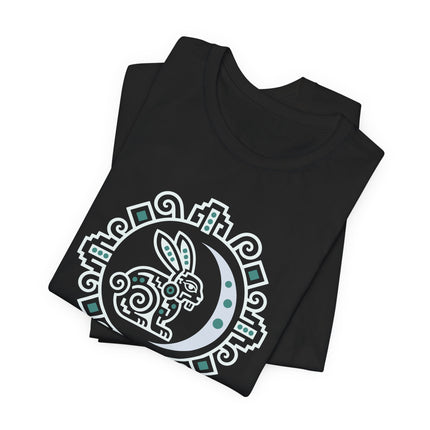 Mayan Rabbit Moon T-Shirt | White Crescent and Geometric Border Tee