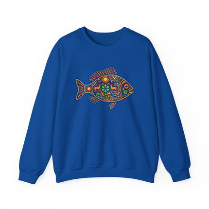 Vibrant Mexican folk art fish graphic, inspired by Huichol and Alebrije styles.