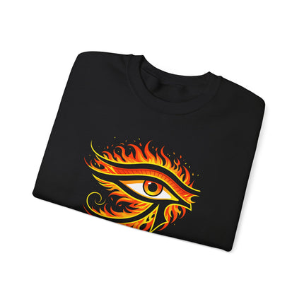 Eye of Ra symbol: fiery ancient Egyptian eye graphic print on a black sweatshirt.