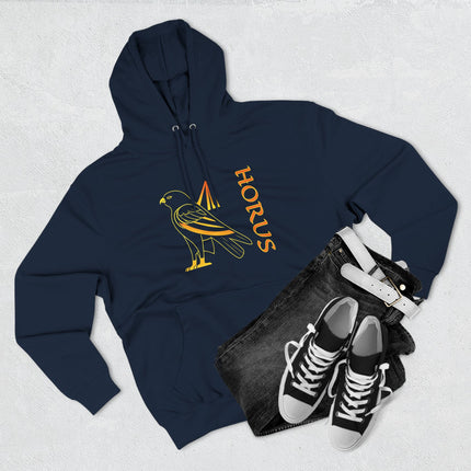 Navy blue hoodie featuring Horus, the Egyptian falcon god, graphic and text. Mythology streetwear apparel.