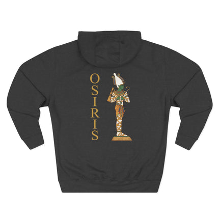 Golden Osiris print on a dark hoodie, featuring Egyptian mythology art and the name OSIRIS.