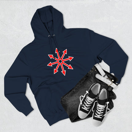 Chaos star symbol graphic on a dark blue pullover hoodie.