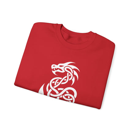 Celtic knotwork dragon graphic design in white on a red background.