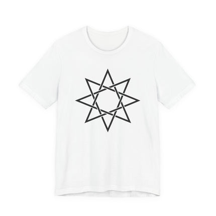 Black octagram sacred geometry star symbol graphic tee design.