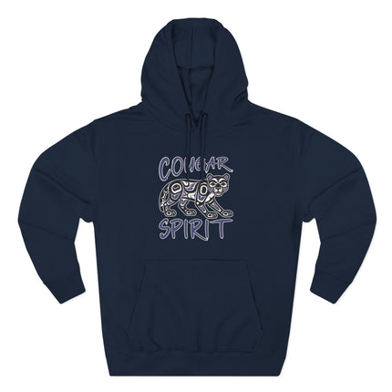 Indigenous cougar spirit graphic on a navy pullover hoodie.
