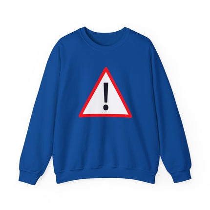 Yellow danger warning sign sweatshirt featuring a large graphic exclamation point print.