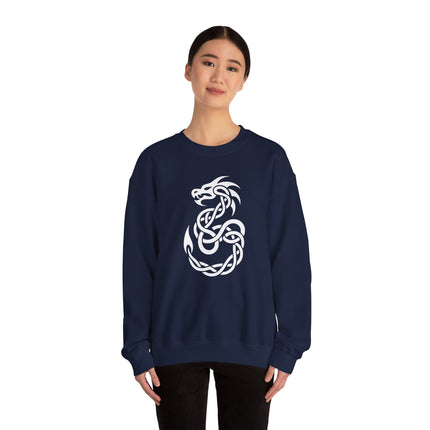 White Celtic dragon knotwork graphic on a navy pullover sweatshirt.