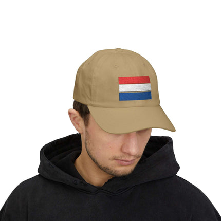 Embroidered Netherlands flag baseball cap in tricolor red, white, and blue for Dutch national pride.