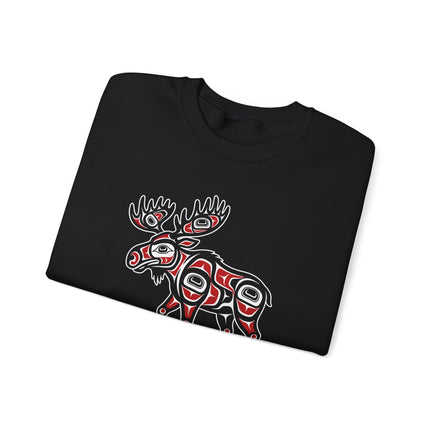 Moose Northwest Coast Art pullover sweatshirt featuring detailed indigenous animal print design.