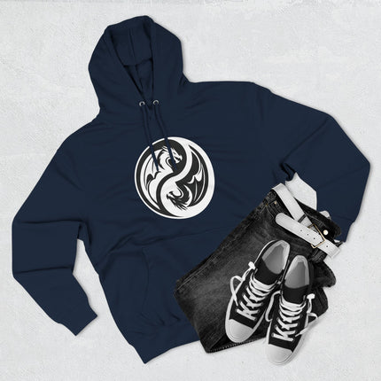 Black and white dragon Yin Yang design on a navy hoodie, symbolizing balance and duality.