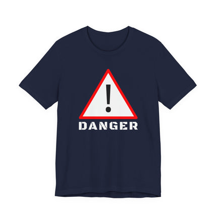 Navy t-shirt featuring a red warning triangle, exclamation mark, and the word DANGER graphic.