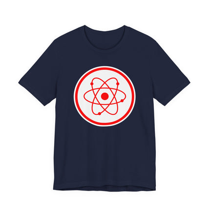 Red atomic symbol graphic on a navy blue science physics t-shirt.