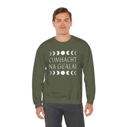 Cumhacht Na Gealáí Irish spiritual gifts sweatshirt with moon phase graphic design.