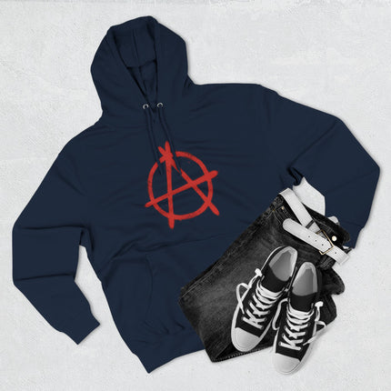 Red distressed anarchy symbol graphic on a dark blue unisex pullover hoodie.