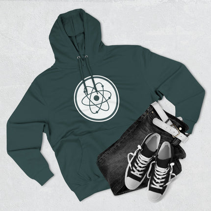 Dark green hoodie featuring a white graphic of an orbiting atom symbol for science enthusiasts.