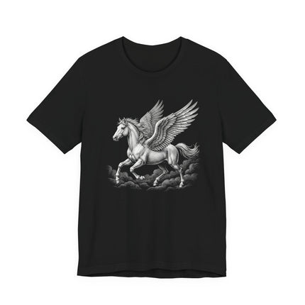 Pegasus winged horse illustration graphic on a black t-shirt.