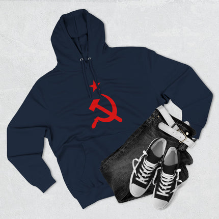 Dark blue hoodie featuring the red communist star and hammer and sickle symbol.