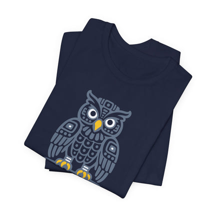 Mayan Owl T-Shirt | Rust Geometric Bird with Pale Circular Eyes Tee