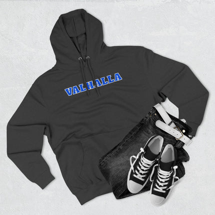 Black Valhalla Norse graphic hoodie with bold blue text print.