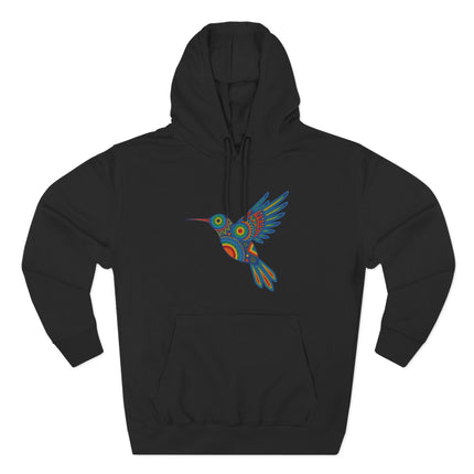 Colorful Huichol hummingbird graphic on a black pullover hoodie.