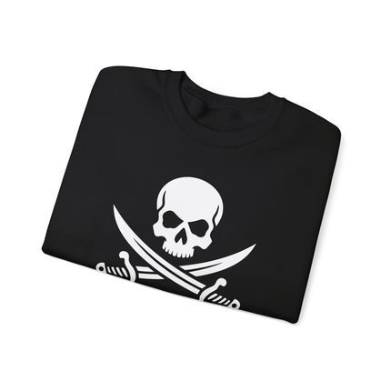 Jolly Roger skull graphic featuring crossed swords and "Take What Ye Can" pirate text on a black sweatshirt.