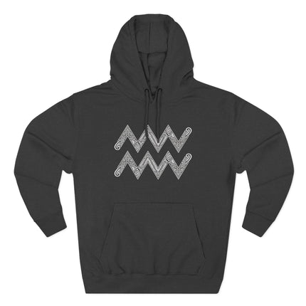 Tribal Aquarius zodiac symbol on a black pullover hoodie.