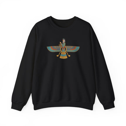 Faravahar winged symbol zoroastrian graphic printed on a Persian style pullover sweatshirt.