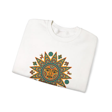 Vibrant Huichol Sun Symbol graphic printed on an indigenous style pullover sweatshirt.