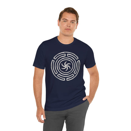 Navy t-shirt featuring the white Hekate's Wheel Strophalos symbol. Greek mythology witchcraft design.