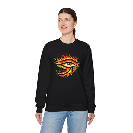 Fiery Eye of Ra graphic on a black sweatshirt, featuring ancient Egyptian symbolism.