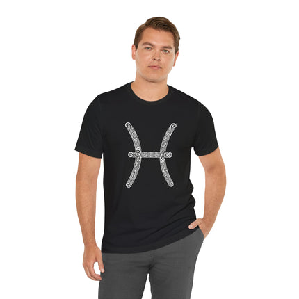 Ornate Pisces zodiac symbol on a black unisex astrology t-shirt. Tribal celestial art tee.