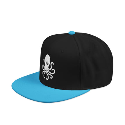 Embroidered octopus snapback cap on black fabric with blue brim.