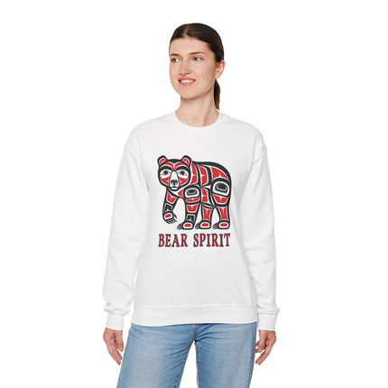 Bear Spirit Indigenous art graphic on white pullover sweatshirt.