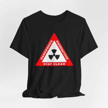 Black t-shirt featuring a red radioactive hazard warning sign with the atomic symbol and "Stay Clear" text.