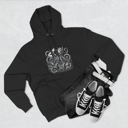 Mythical Kraken sea monster graphic printed on a black Viking-themed pullover hoodie.