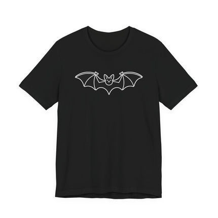 Minimalist white bat outline graphic on a black unisex t-shirt.