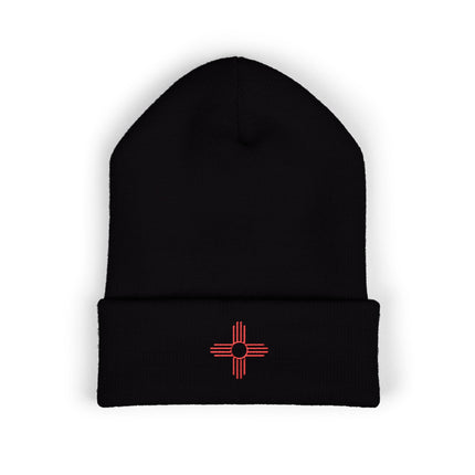 Zia Sun Embroidered Cuffed Beanie with Red Four-Direction Symbol