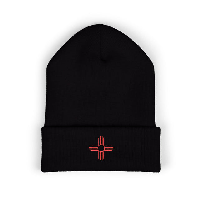 Zia Sun Embroidered Cuffed Beanie with Red Four-Direction Symbol