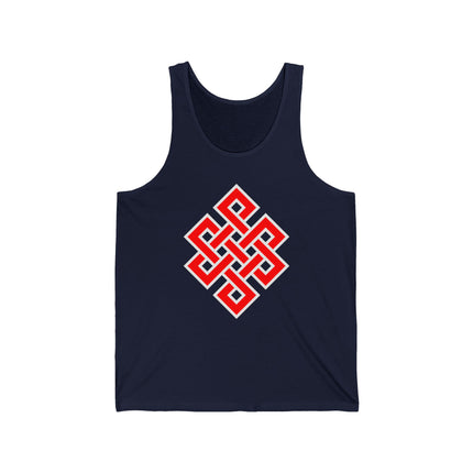 Endless Knot Buddhist symbol graphic on a navy blue tank top.