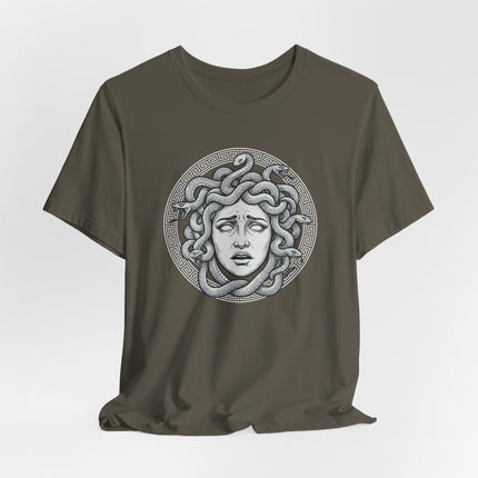 Medusa Gorgon head graphic tee featuring snakes and classical Greek mythology art.