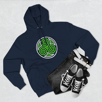 Green triple spiral triskelion symbol graphic on a navy blue hoodie.