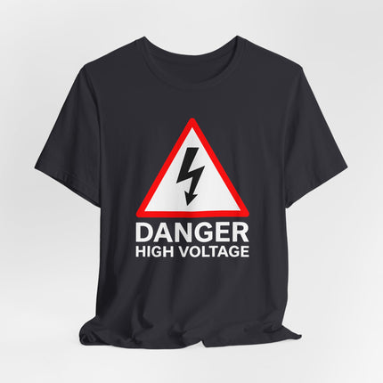Danger High Voltage warning sign graphic on a black t-shirt for electricians.