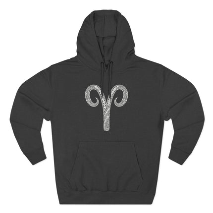 Aries zodiac tribal symbol graphic on a black pullover hoodie.
