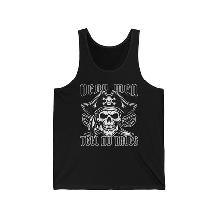 Dead Men Tell No Tales pirate skull graphic on a black men's tank top.