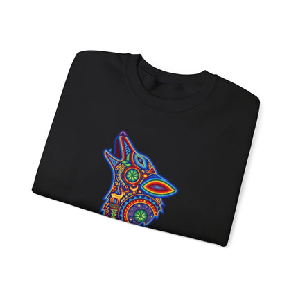 Colorful wolf graphic sweatshirt featuring vibrant Huichol Mexican tribal folk art design.