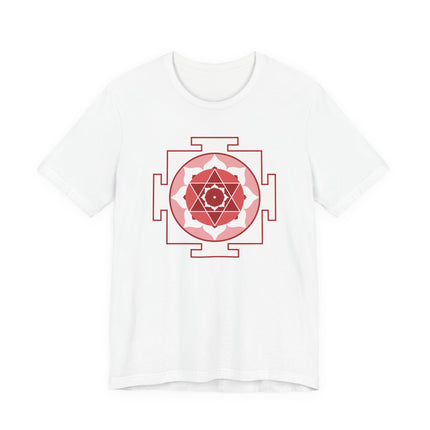 White t-shirt featuring a red Kamala Yantra sacred geometry print.
