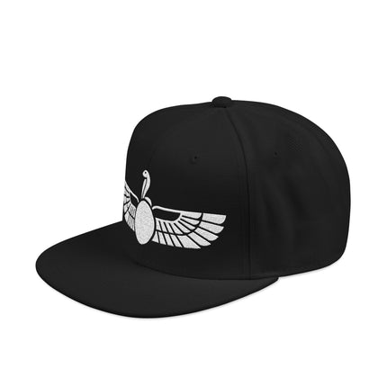 Black snapback hat featuring an embroidered Egyptian winged Uraeus symbol.