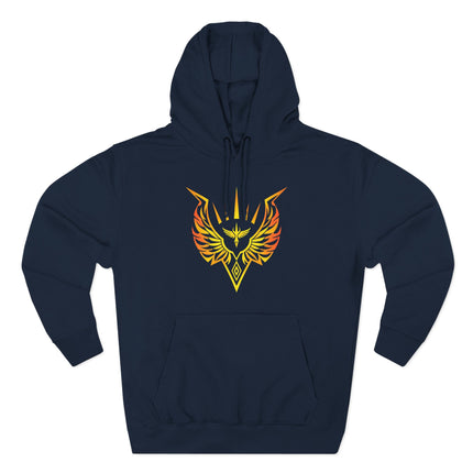 Valkyrie winged emblem graphic on a navy hoodie. Norse mythology warrior symbol design.
