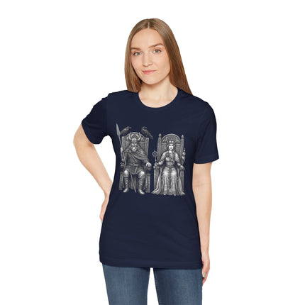 Odin and Frigg Norse gods graphic tee. Intricate mythological art featuring the Allfather and Allmother.