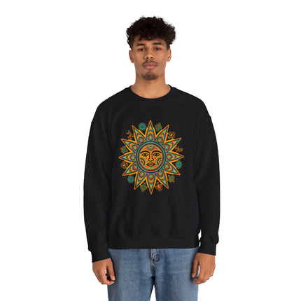 Vibrant Huichol sun symbol graphic on a black pullover sweatshirt. Mesoamerican indigenous art.